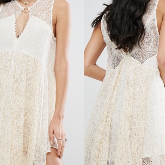 FREE PEOPLE Womens Size S Don't You Dare Lace Dress Ivory/Cream Boho Flare - Picture 2 of 7